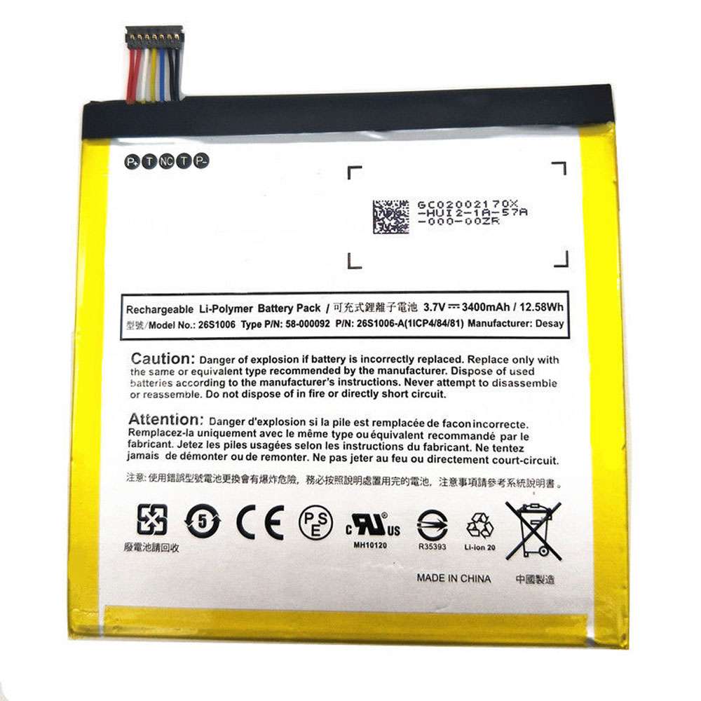 3.7V/12.58WH 3400MAH Amazon Fire Kids 7" HD6 PW98VM ST06 26S1006 Replacement Battery