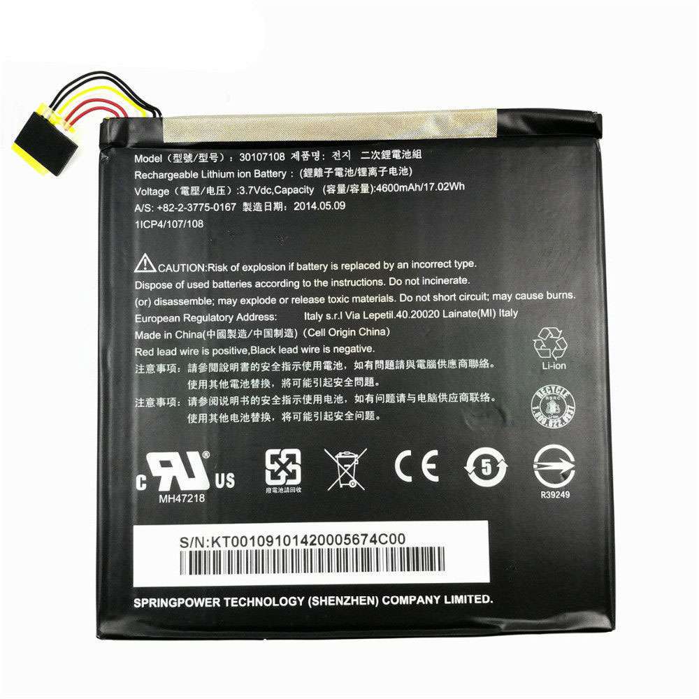 3.7V 4600MAH/17.02WH 30107108 Tablet Battery for Acer Iconia Tab 8 8" A1-840 A1-840FHD
