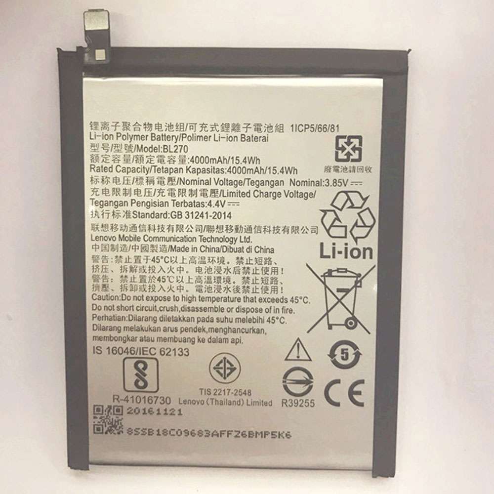 3.85V/4.4V 4000mAh/15.4WH BL270 Smartphone Battery for Lenovo Vibe K6 Plus G Plus / G5 Plus