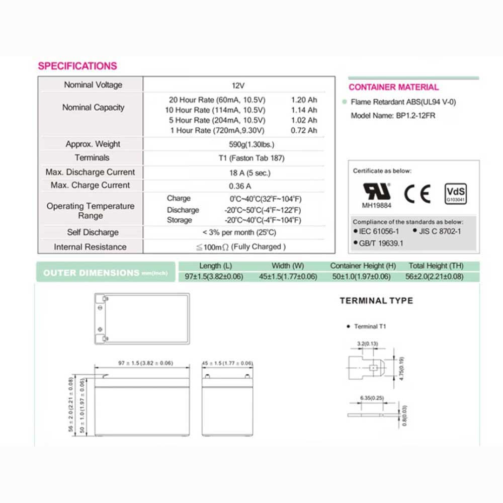 B.b.battery BP1.2-12FR UL94 V-0 battery