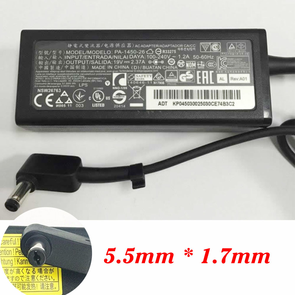 19V - 2.37A 45W
 100-240V ~ 1.2A 50-60Hz ACER Aspire ES1-411-C3W3 ES1-512-C8JU  Replacement Adapter