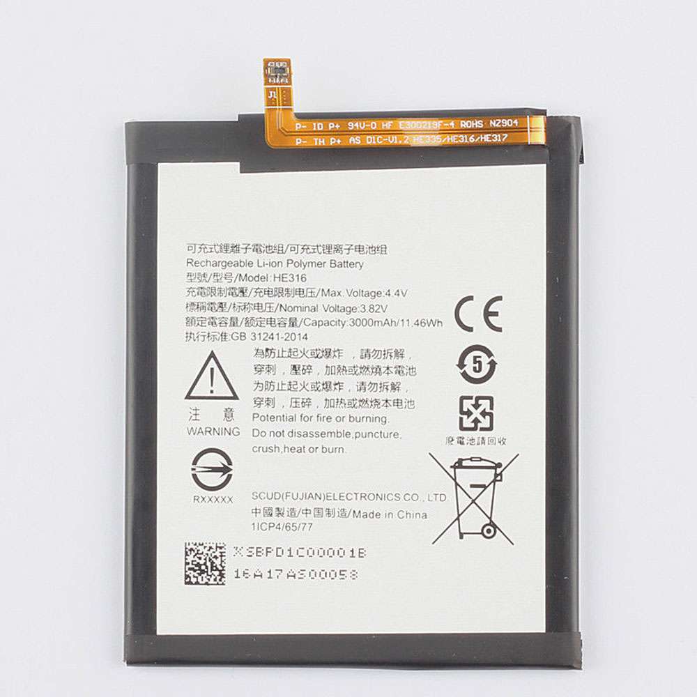 3.82V/4.4V 3000MAH/12.98WH HE316 Smartphone Battery for Nokia 6 Nokia6 TA-1000 TA-1003