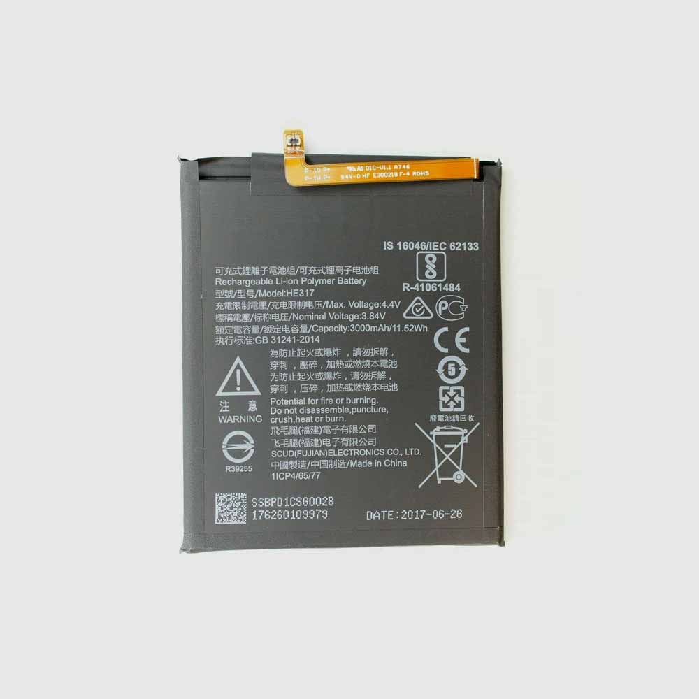 3.84V/4.4V 3000mAh 11.52Wh HE317 Smartphone Battery for Nokia 6 TA-1000 TA-1003 TA-1021 TA-1025 TA-1033 TA-1039 Repair