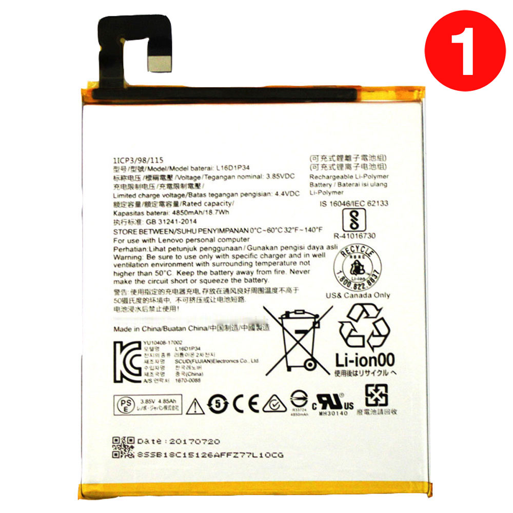 3.85V/4.4V 4850mAh/18.7WH L16D1P34 Smartphone Battery for Lenovo TAB4 8 TB-8504N TAB4 8 plus 1ICP3/98/115