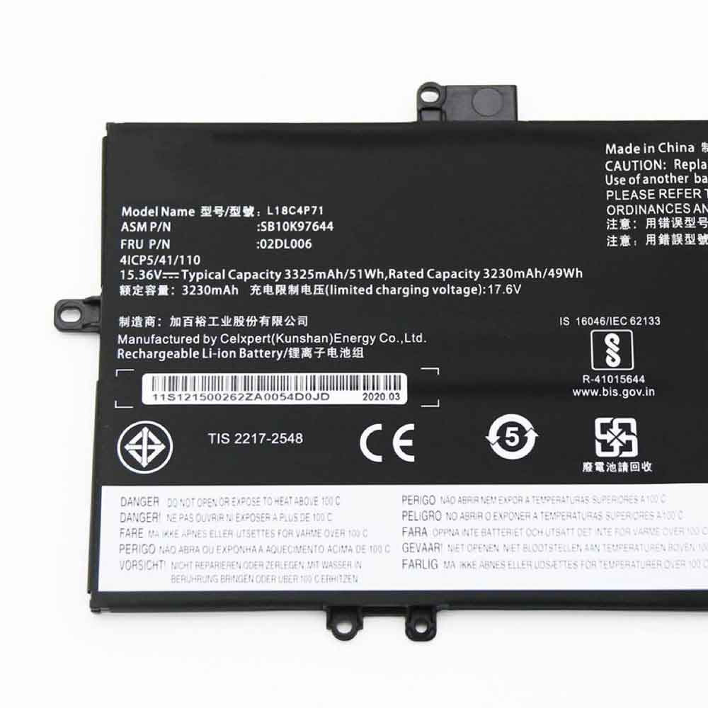15.36V 3325mAh L18L4P71 Laptop Battery for Lenovo ThinkPad X1C 2019 02DL005 L18C4P71