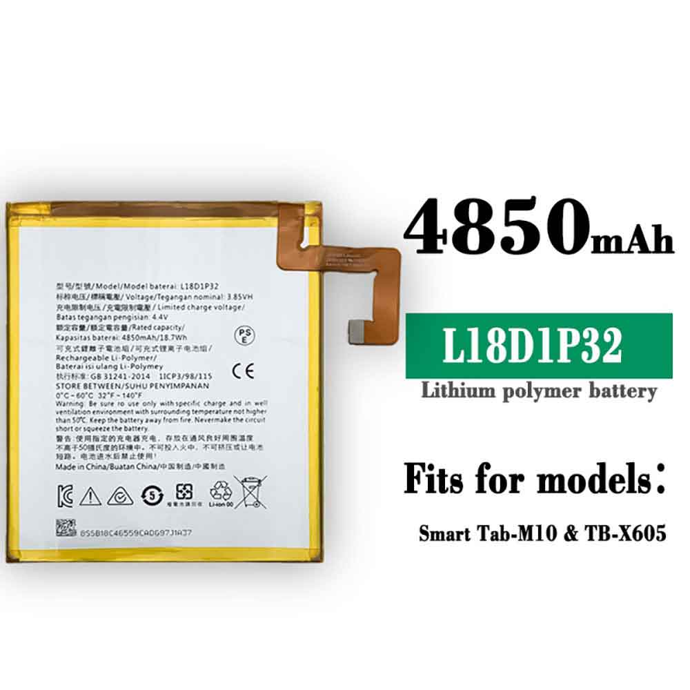 3.85V 4.4V 4850mAh/18.7WH L18D1P32DI Tablet Battery for Lenovo Smart Tab M10 TB-X605F