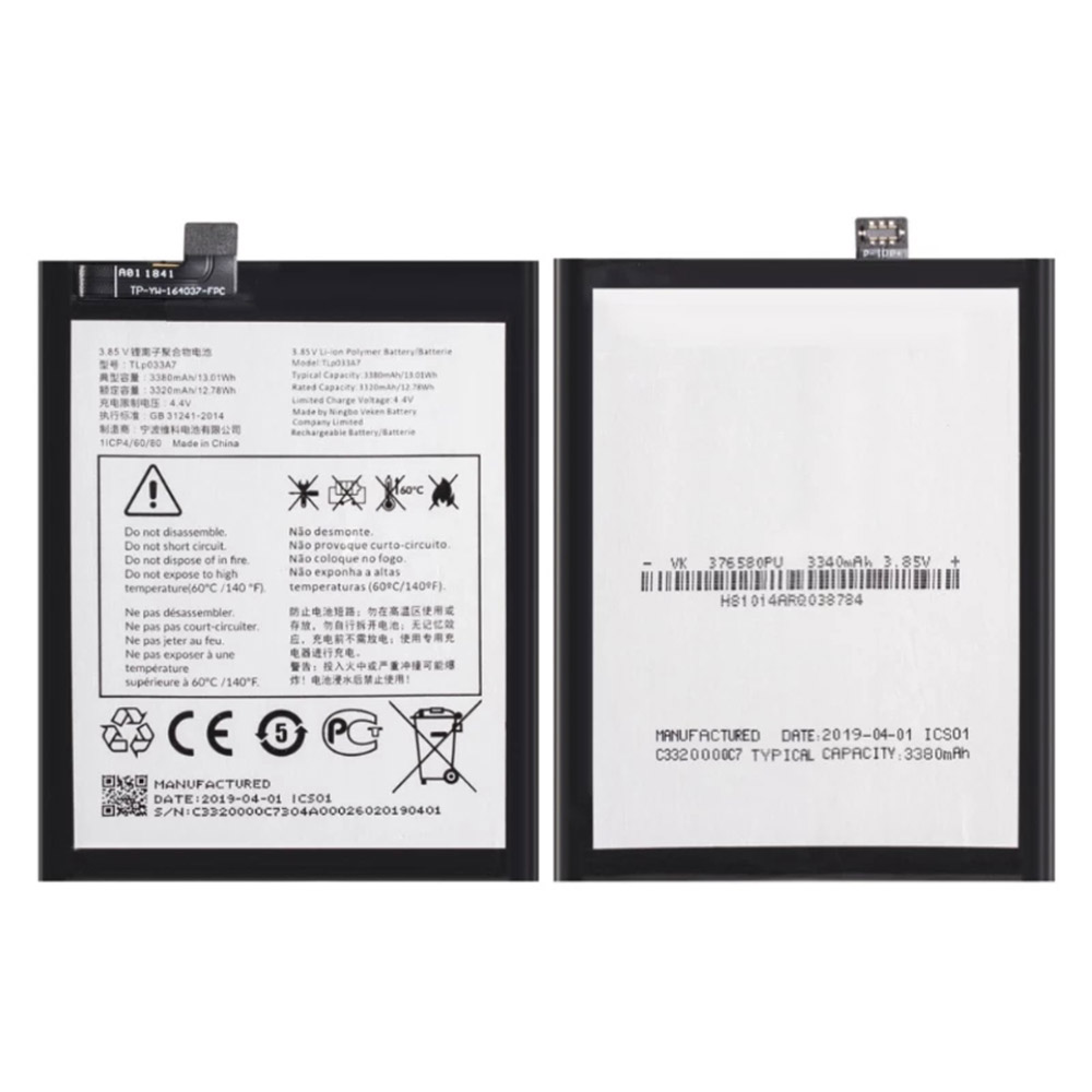 3.85V/4.4V 3320mAh/12.78WH TLP033A7 Smartphone Battery for Alcatel Mobiele N5 Pro Cmcc M860