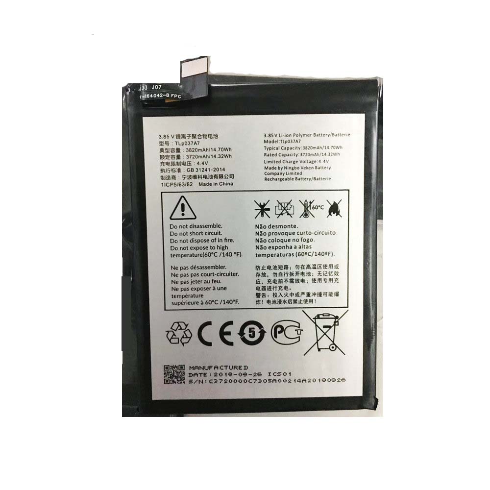 3.85V/4.40V 3720mAh/14.32WH TCL TLp037A7 Replacement Battery