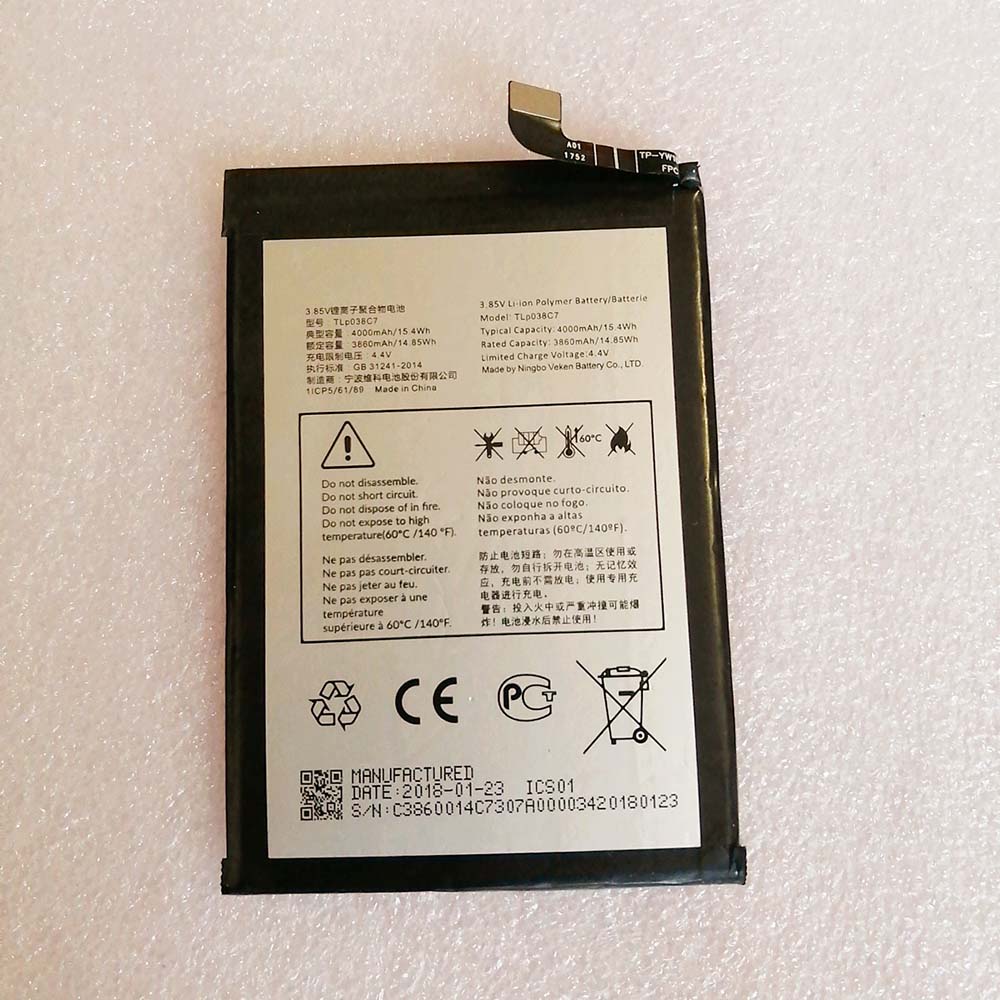 3.85V/4.40V 3860mAh/14.85WH TLp038C7 Smartphone Battery for Alcatel TLp038C7