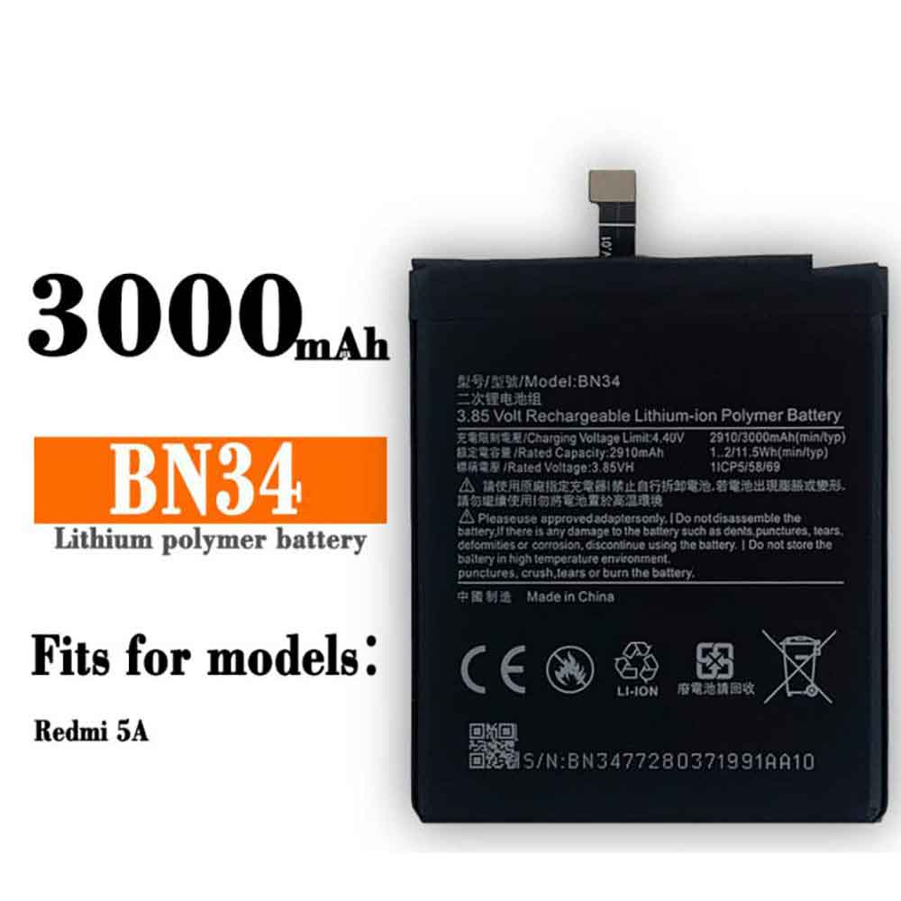 3.85V 4.4V 3000MAH/11.5Wh BN34 Smartphone Battery for Xiaomi Redmi 5A