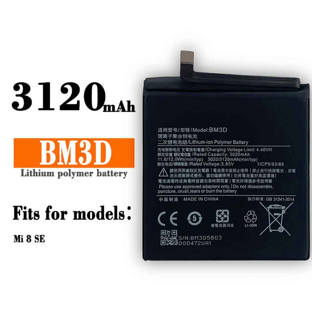 3.85V 4.4V 3020mAh/11.6WH BM3D Smartphone Battery for Xiaomi Mi 8 SE