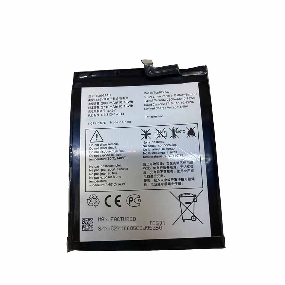 3.85V 4.4V 2710mAh 10.43WH TLp027AC Smartphone Battery for Alcatel TLp027AC