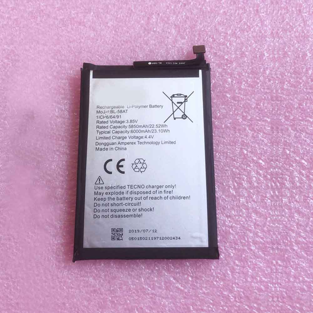 3.85V 4.4V 5850mAh 22.52WH Tecno BL-58AT Replacement Battery