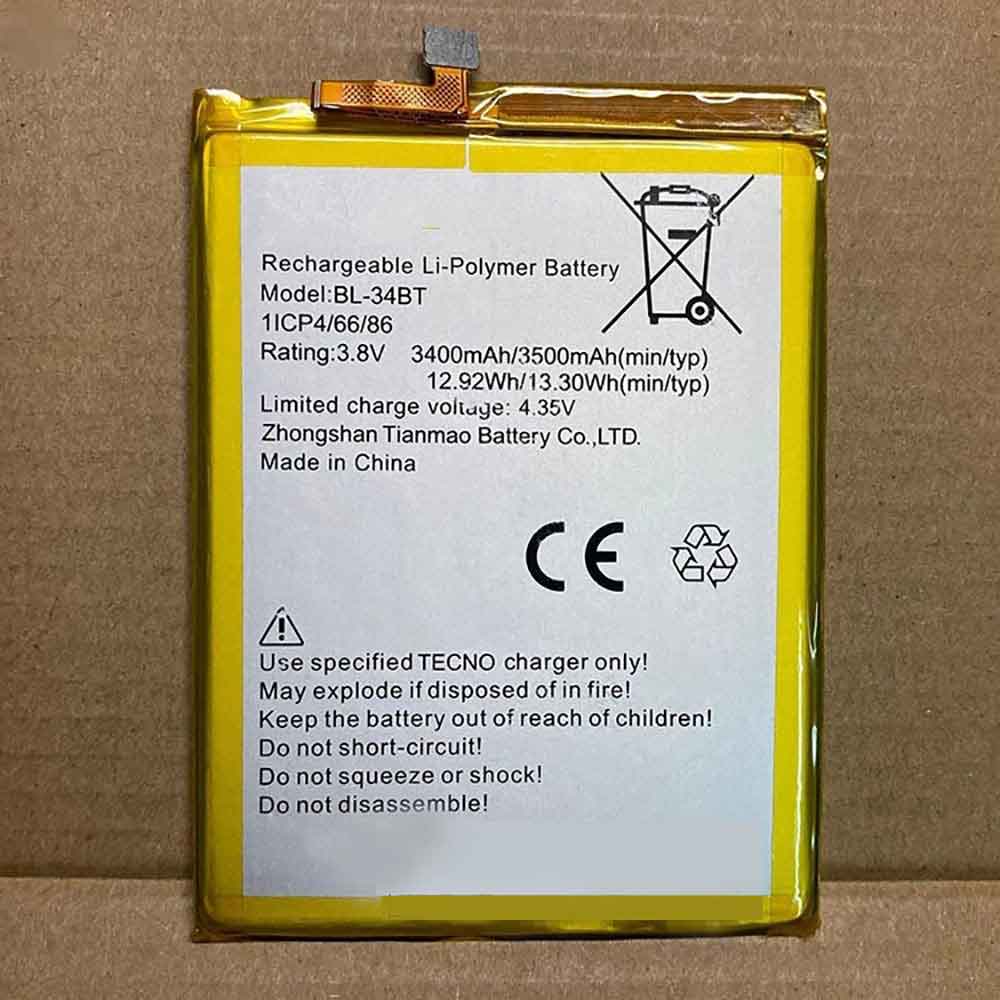 3.8V 4.35V 3400mAh 12.92WH Tecno BL-34BT Replacement Battery