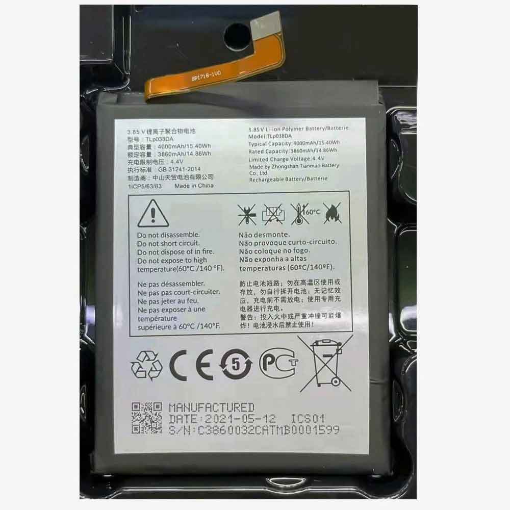 3.85V 4.4V 4000mAh 15.40WH TLP038DA Smartphone Battery for Alcatel TLP038DA