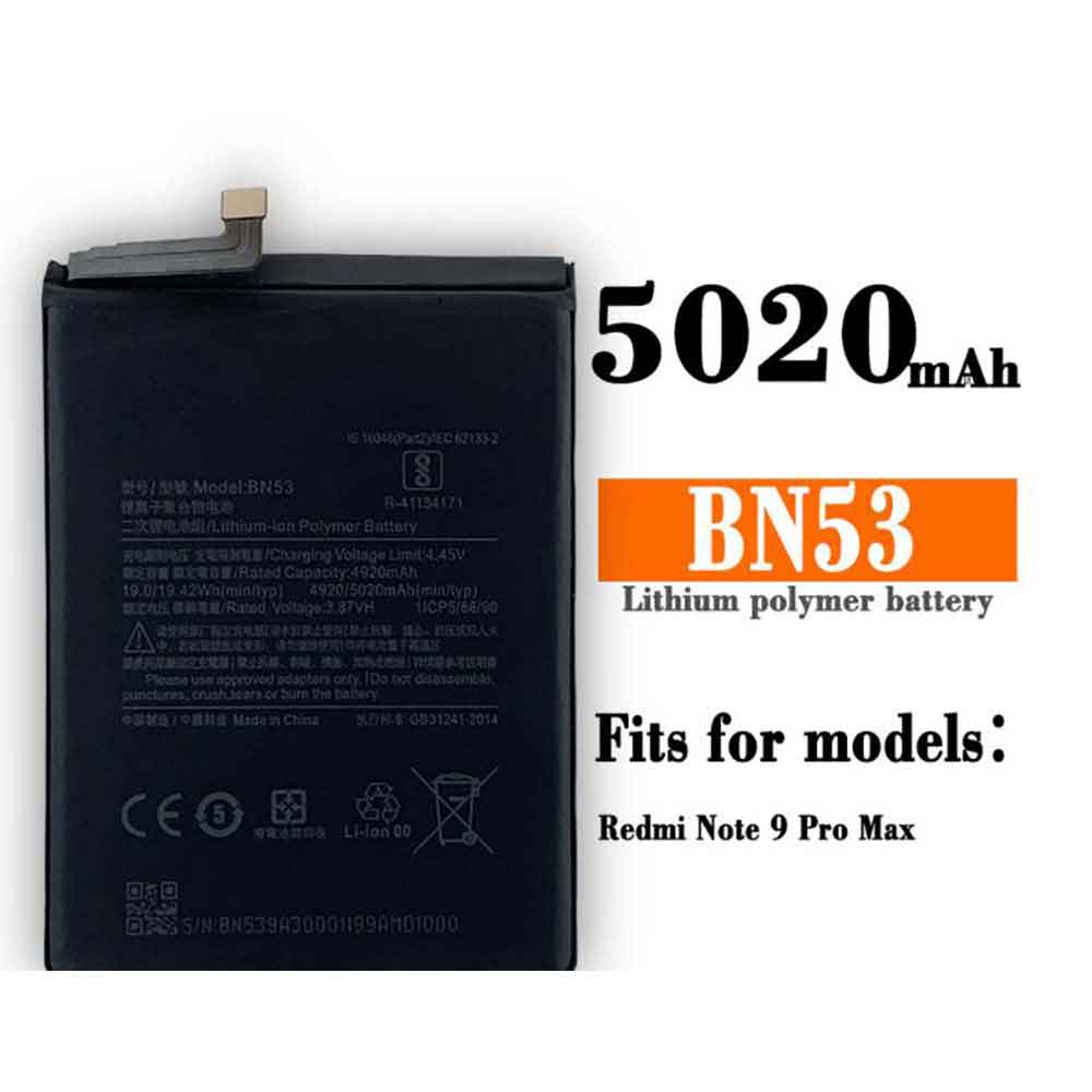 3.87V 4.45V 5020mAh/19.42WH BN53 Smartphone Battery for Xiaomi Redmi Note 9 Pro Max