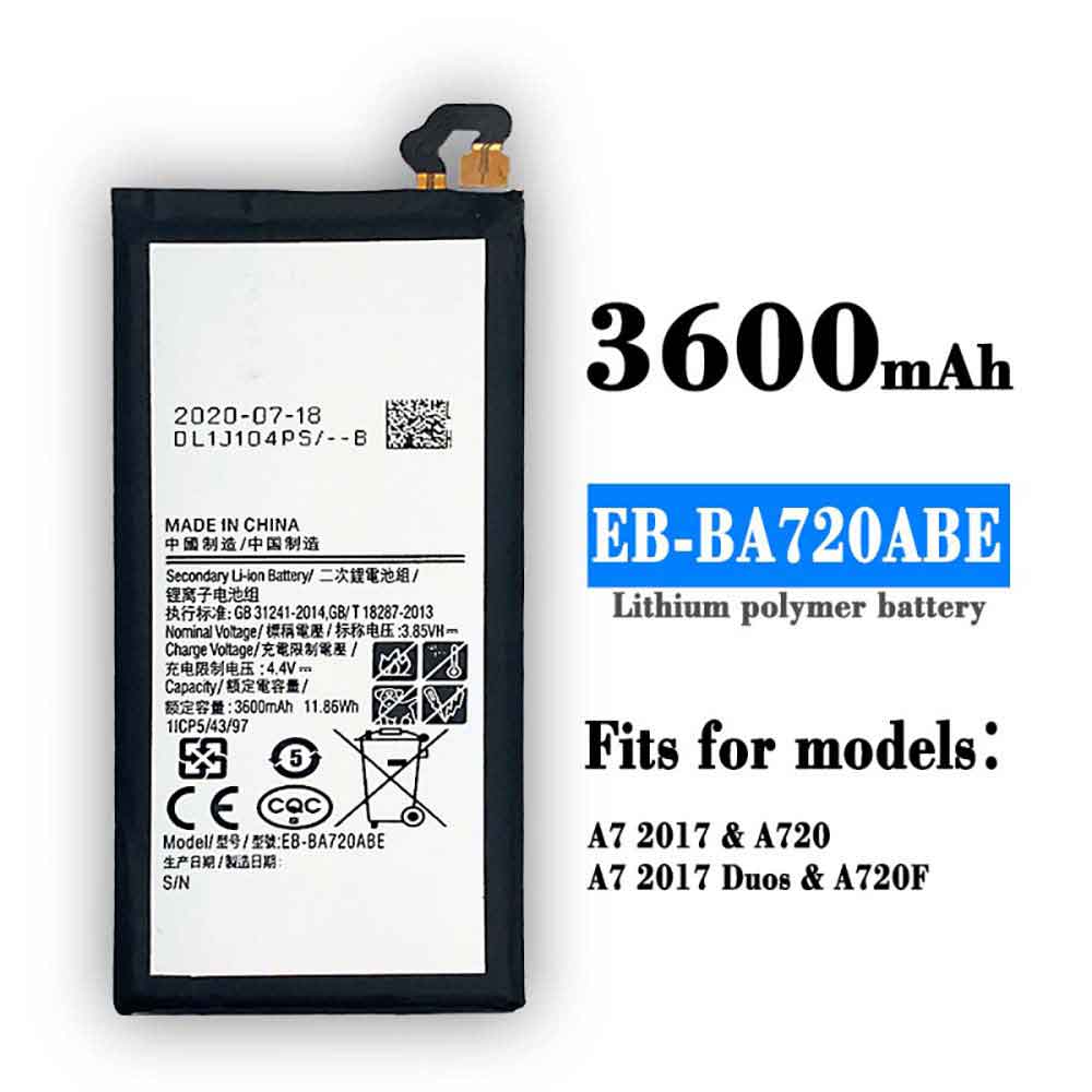 3.85V 4.4V 3600mAh/11.86WH EB-BA720ABE Smartphone Battery for Samsung Galaxy A7 (2017)