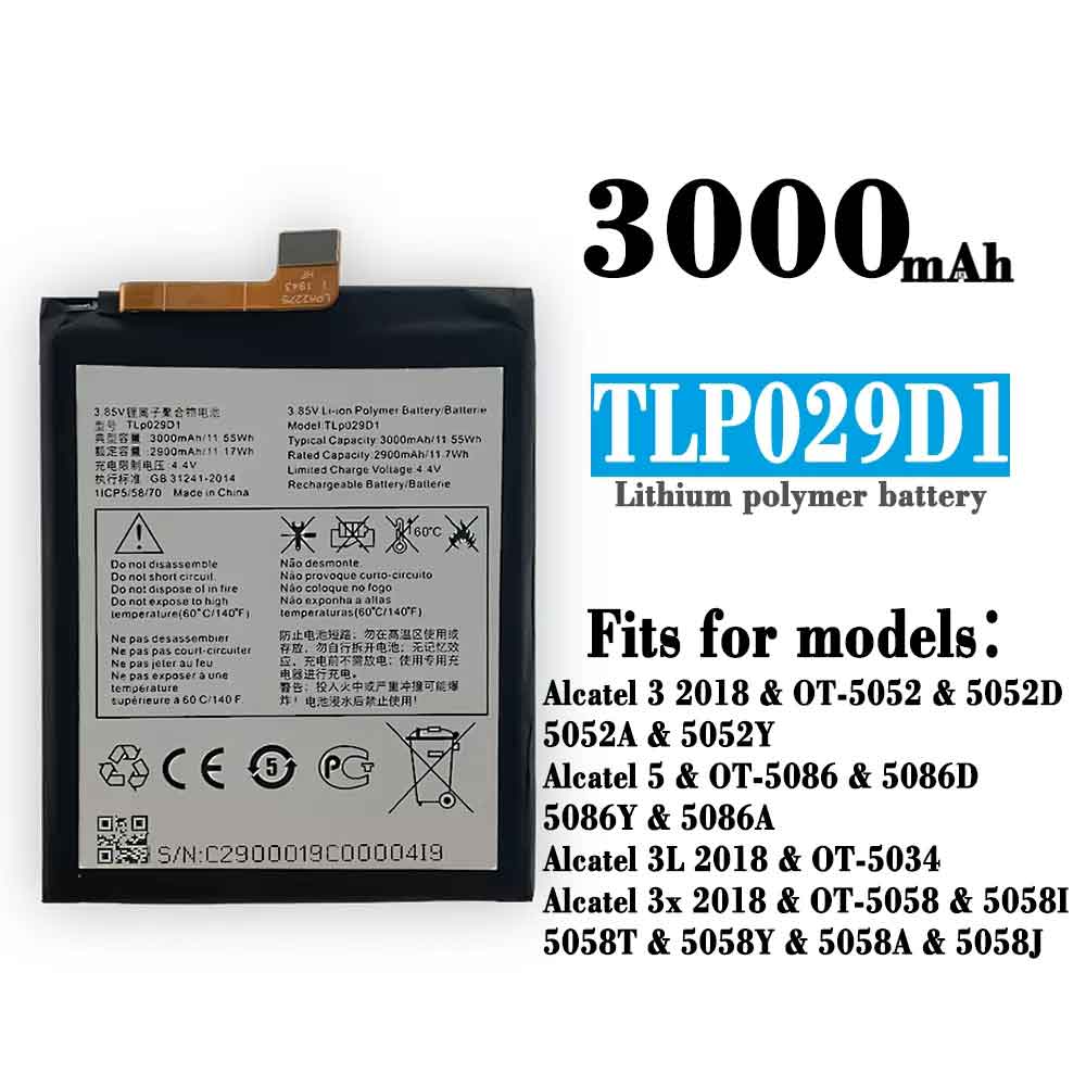3.85V 4.4V 3000mAh/11.55WH TLP029D1 Smartphone Battery for Alcatel 3 3X 5 TCL V760 Y660 OT-5052D 5052Y