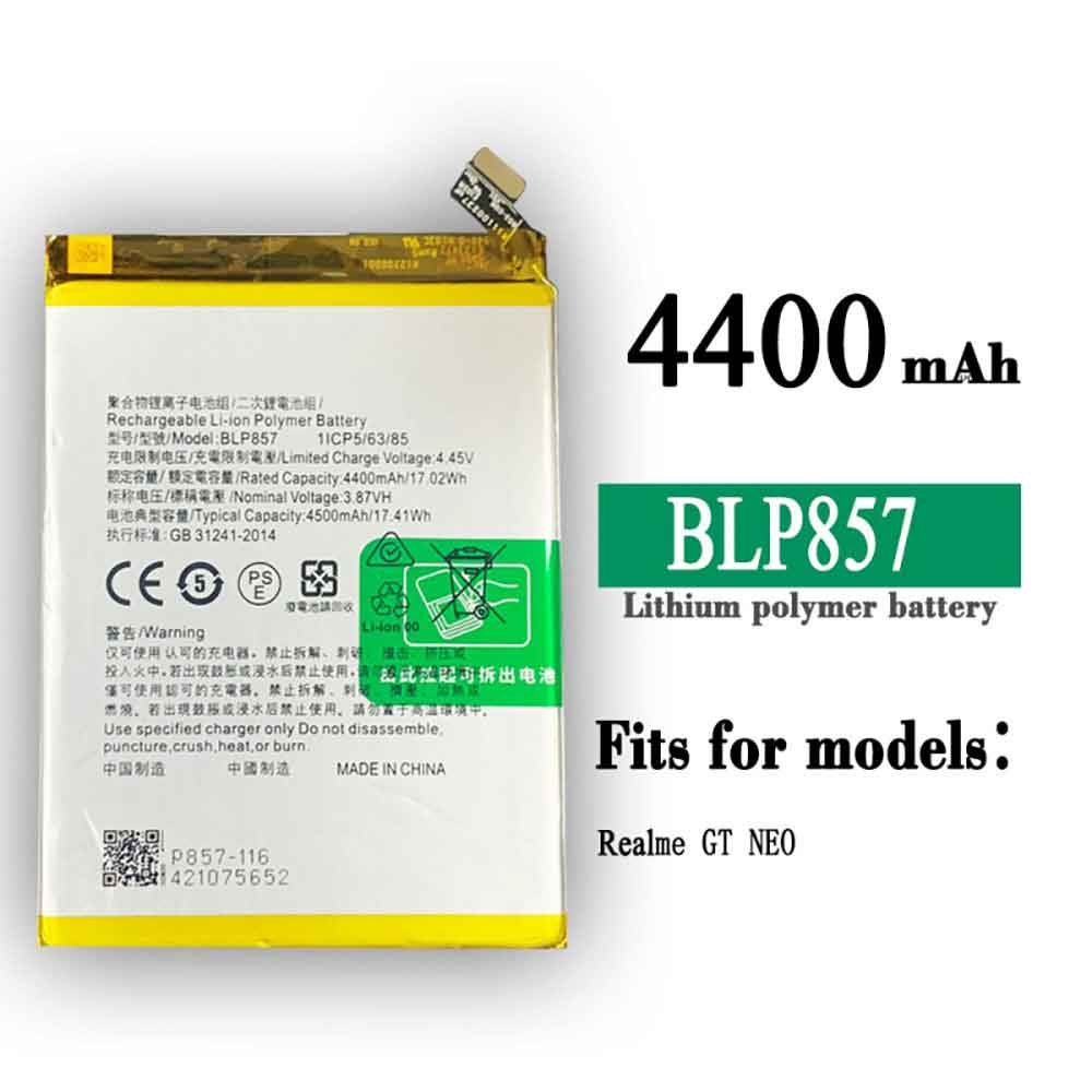 3.87V 4.45V 4400MAH/17.02Wh BLP857 Smartphone Battery for Realme GT Neo RMX3031