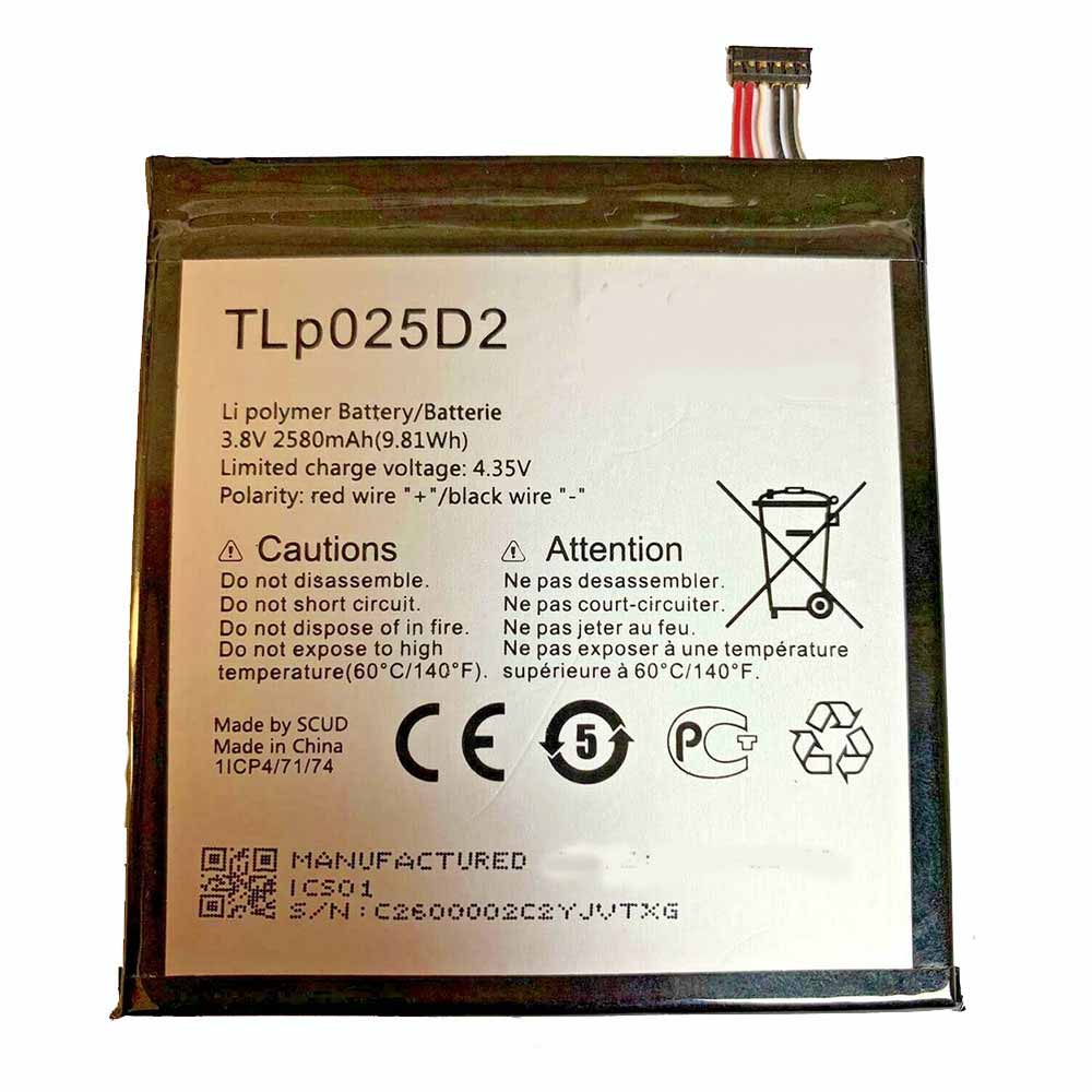 3.8V/4.35V 2580mAh/9.81WH TLp025D2 Smartphone Battery for Alcatel Pixi 4 8050D