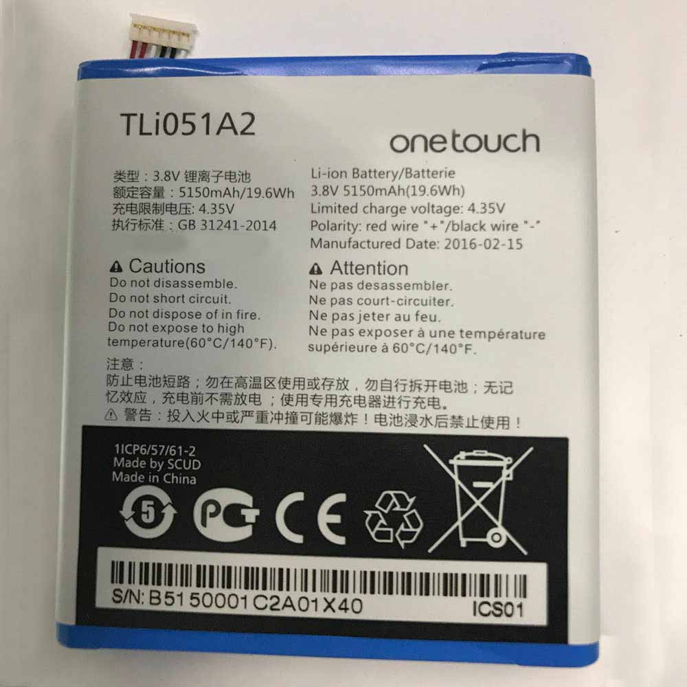 3.7V/4.2V 1400mAh/5.18WH TLi051A2 Smartphone Battery for Alcatel OneTouch