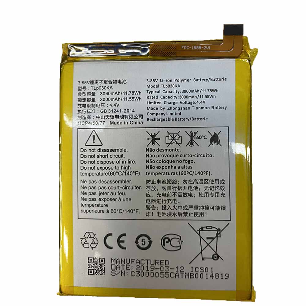 3.85V/4.4V 3000mAh/11.55Wh TLp030KA Smartphone Battery for Alcatel phone