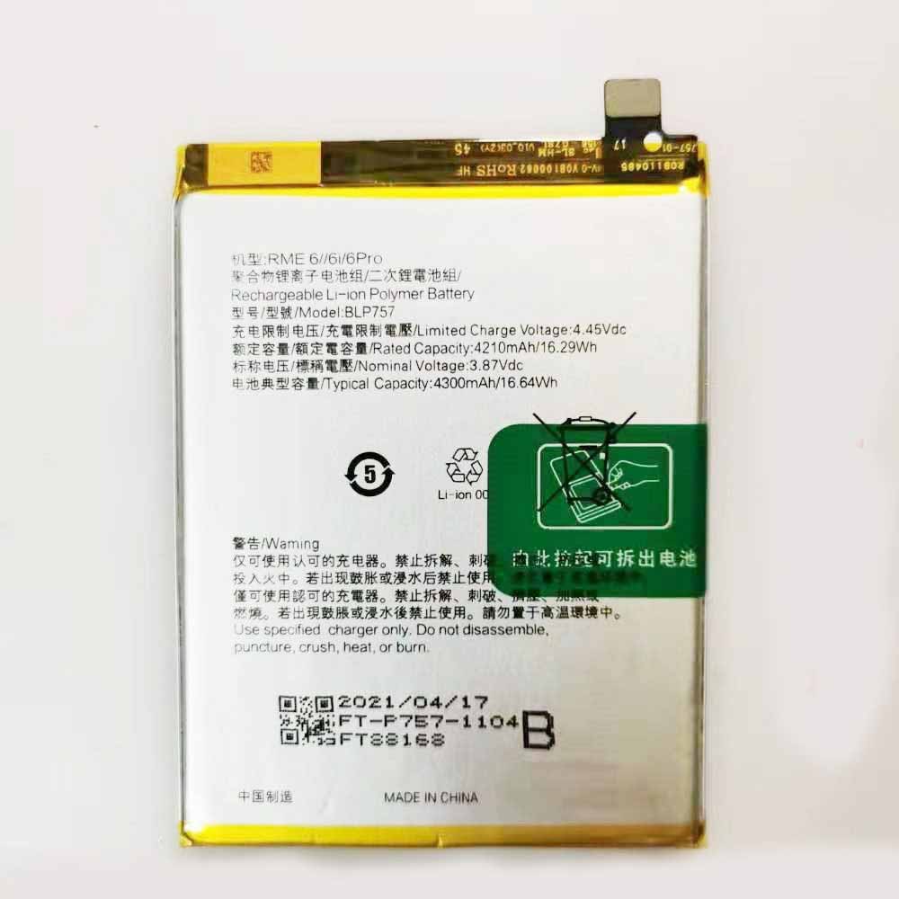 3.87V/4.45V 4210mAh/16.29WH BLP757 Smartphone Battery for OPPO realme6 6i 6pro