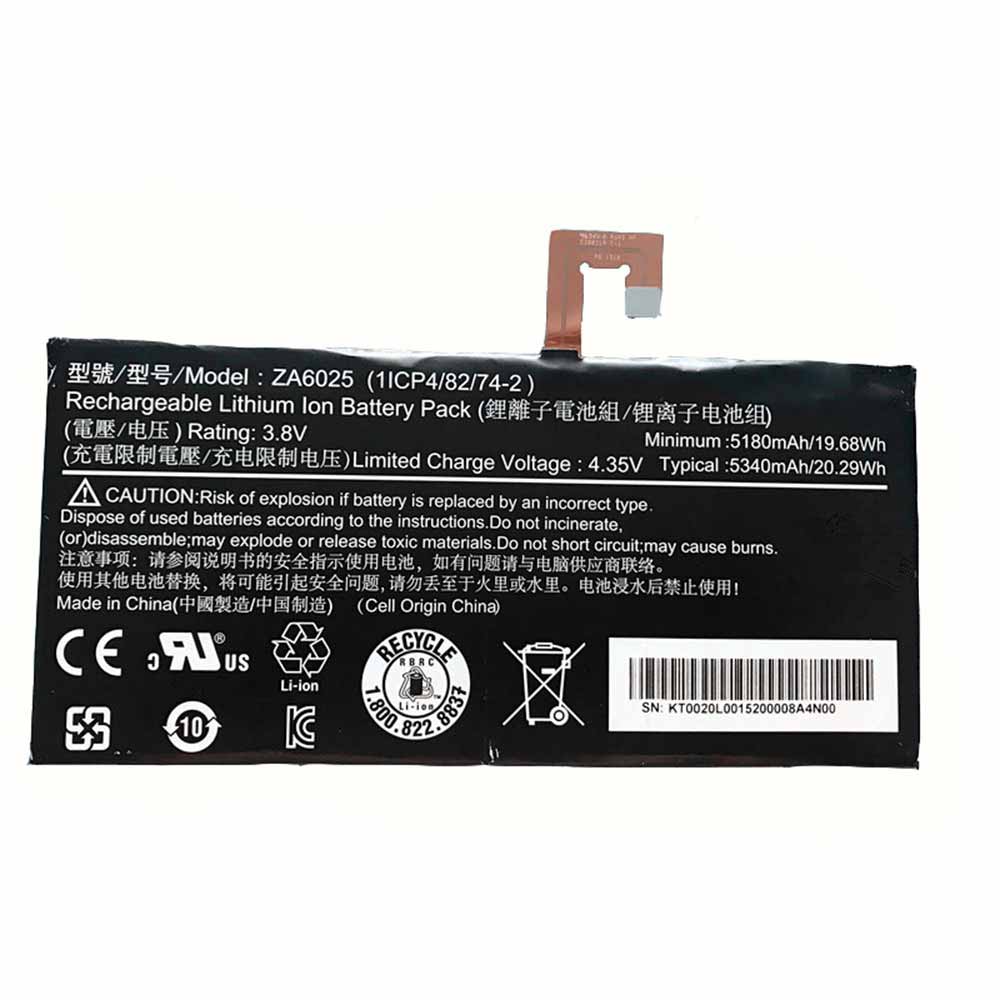 3.8V/4.35V 5180mAh 19.68Wh ZA6025 Tablet Battery for Acer Iconia One 10 B3-A10 B3-A10-K154/K3BF